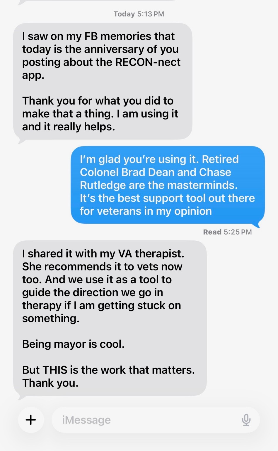Text message testimonial from a veteran describing how RECON-nect helped in therapy